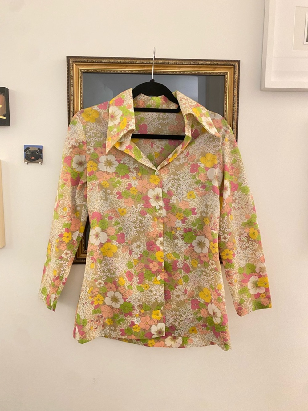 Vintage 70’s Handmade Floral Button-Up Blouse in Pink, Yellow & Green